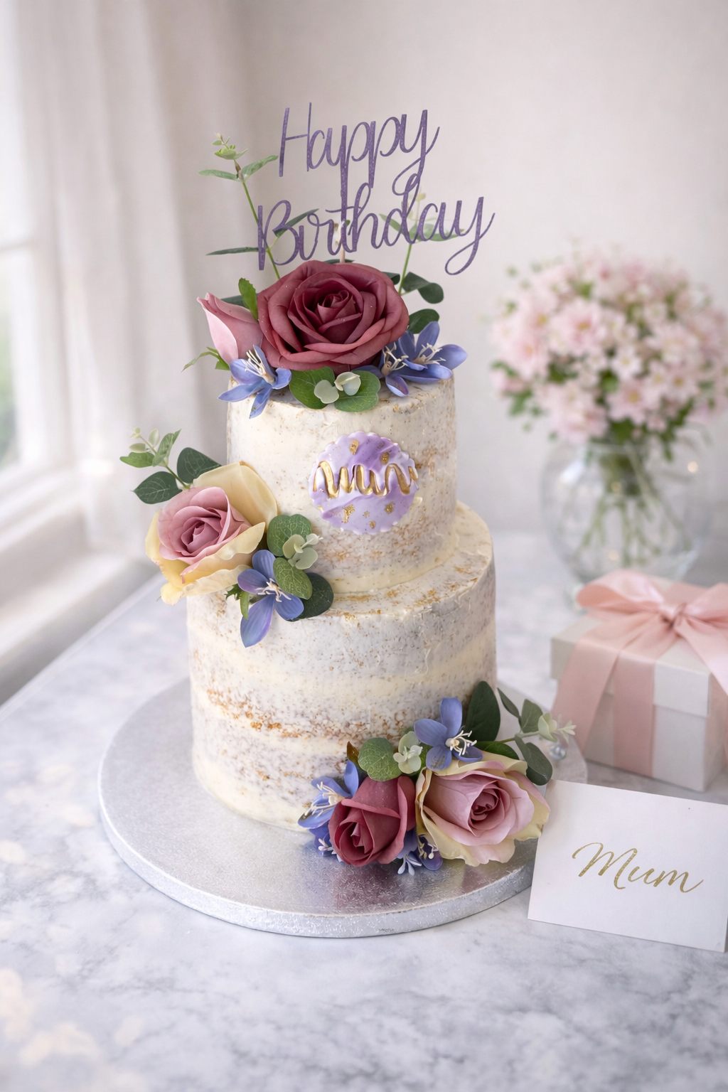 Luxury birthday cake with floral detailing and soft editorial styling