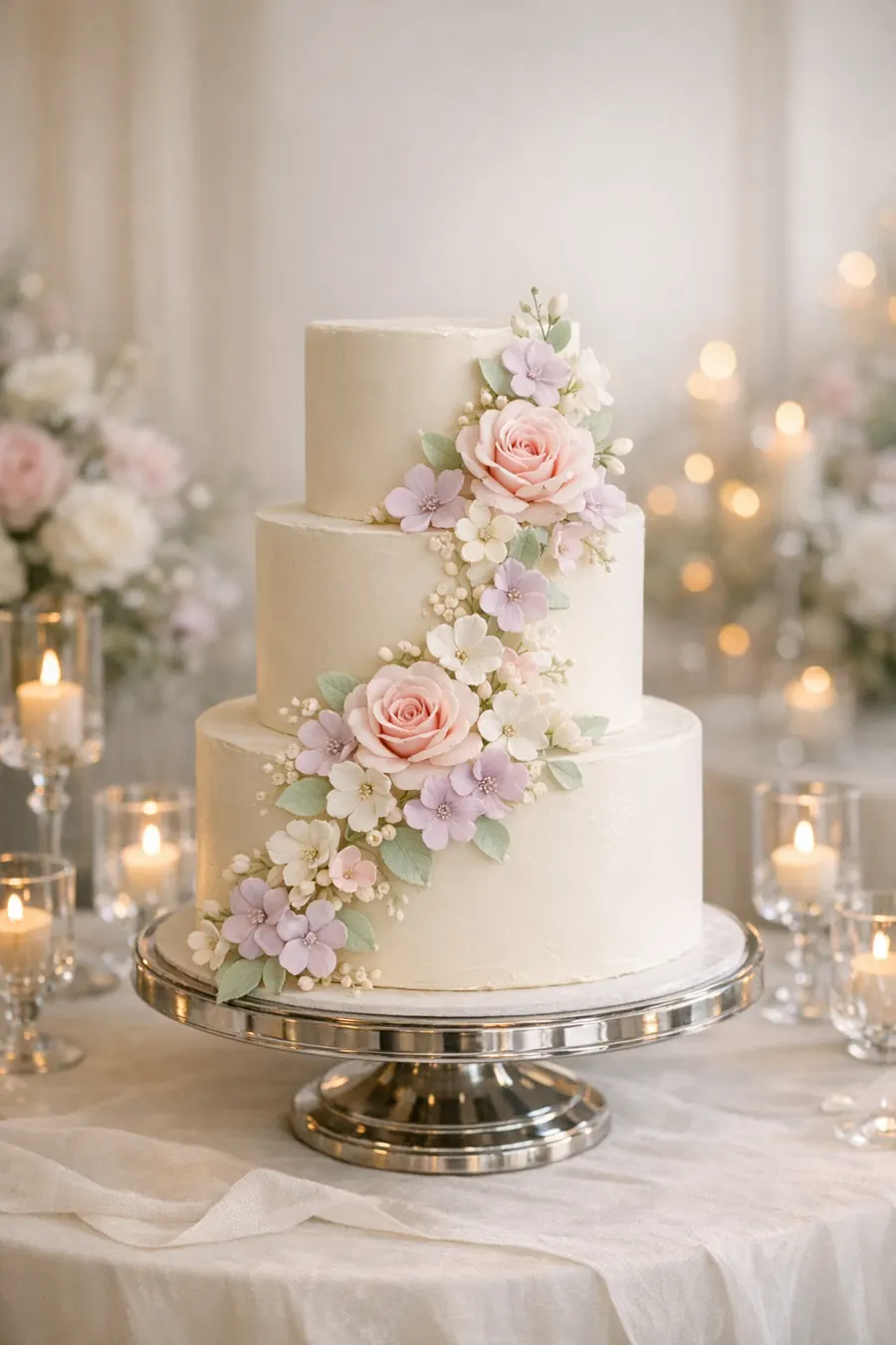 Wedding cake design concept with blush floral work on a reception table